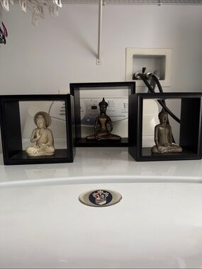Three Decorative Buddha Statues in Black Cube Frames - Beige & Bronze